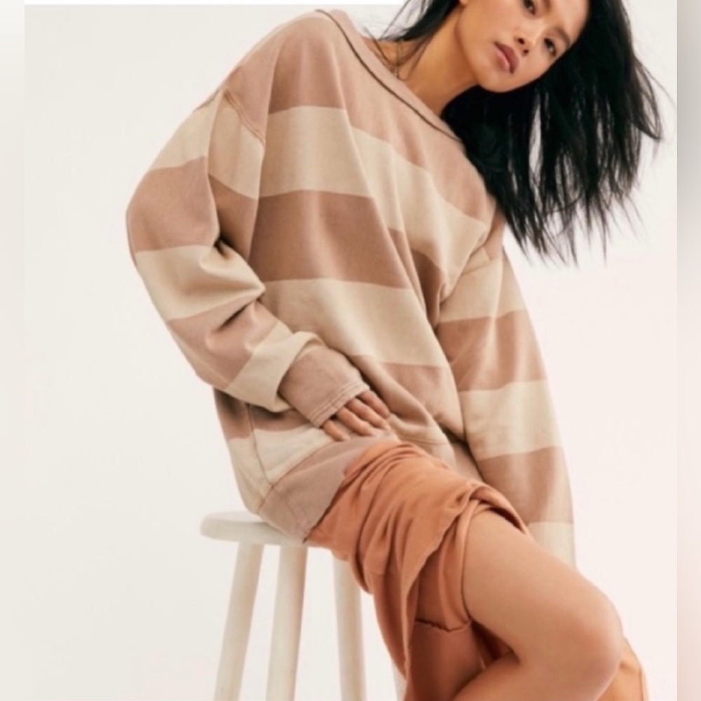 We The Free Nevermind Pullover Tunic Sweatshirt Two-Tone Tan/Brown Small